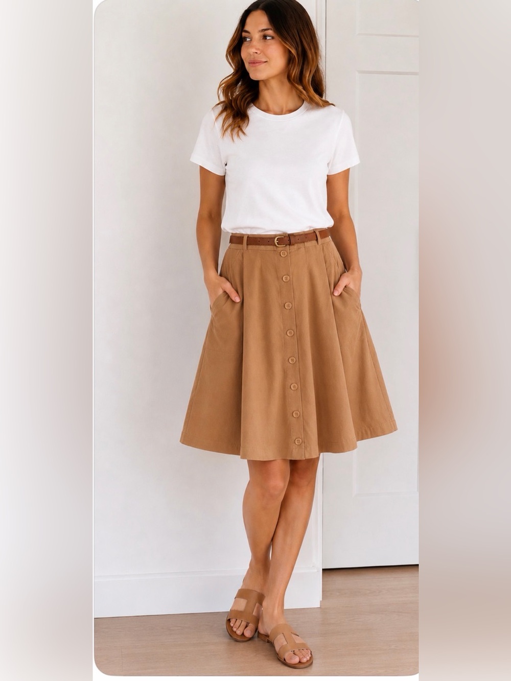 Button-Front A-Line Skirt in Carmel Tan size large